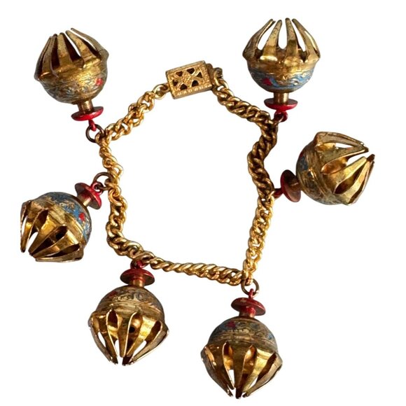 Vintage Indian Elephant Claw Charm Bracelet Gilt & Enamel Statement 6 1/2" - Picture 3 of 7